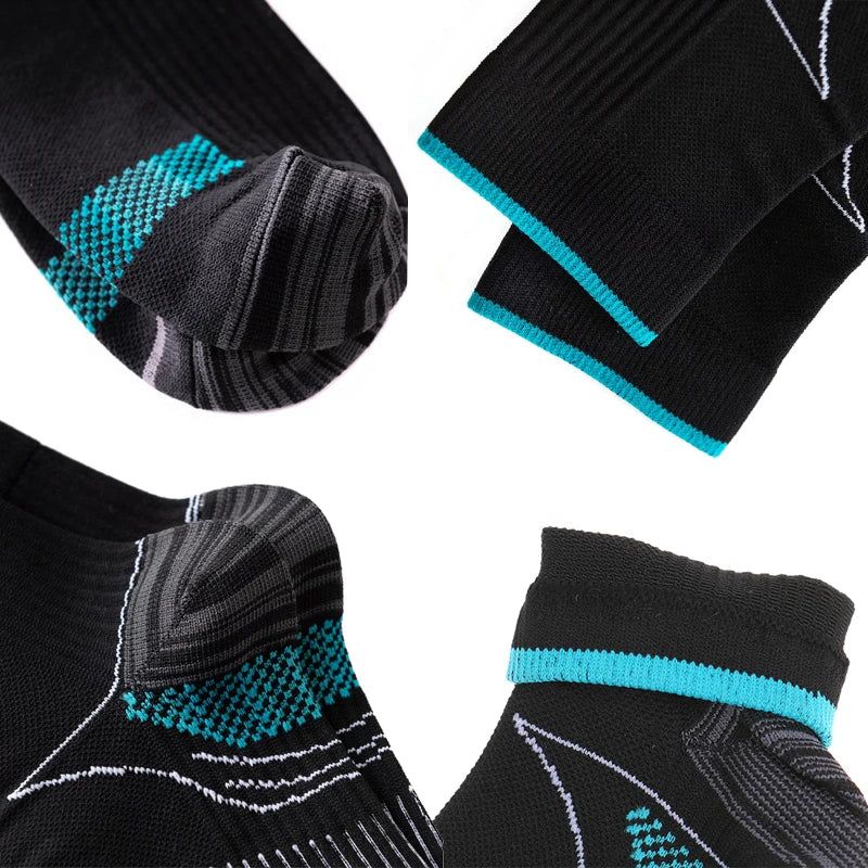 Close-ups of the toe, cuff and arch knit on a black and aqua sock