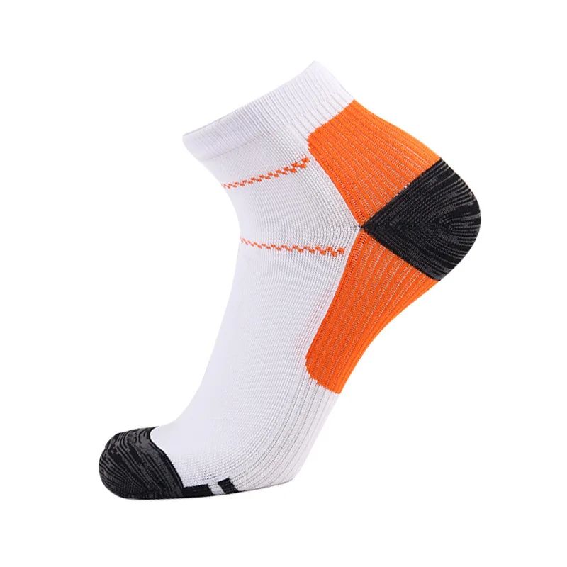 A white and orange Heel Easy sock seen from the side